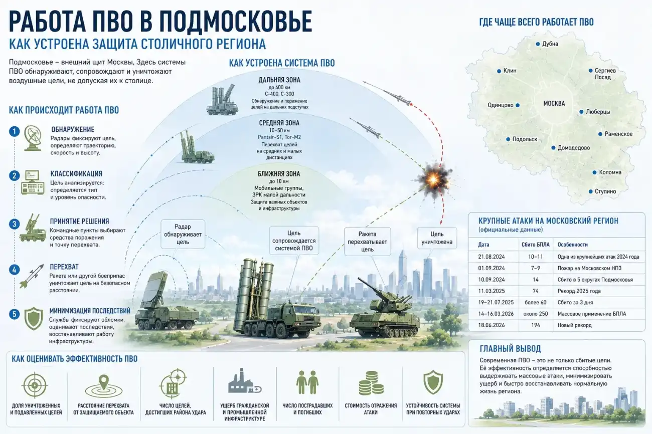 Работа ПВО в Подмосковье